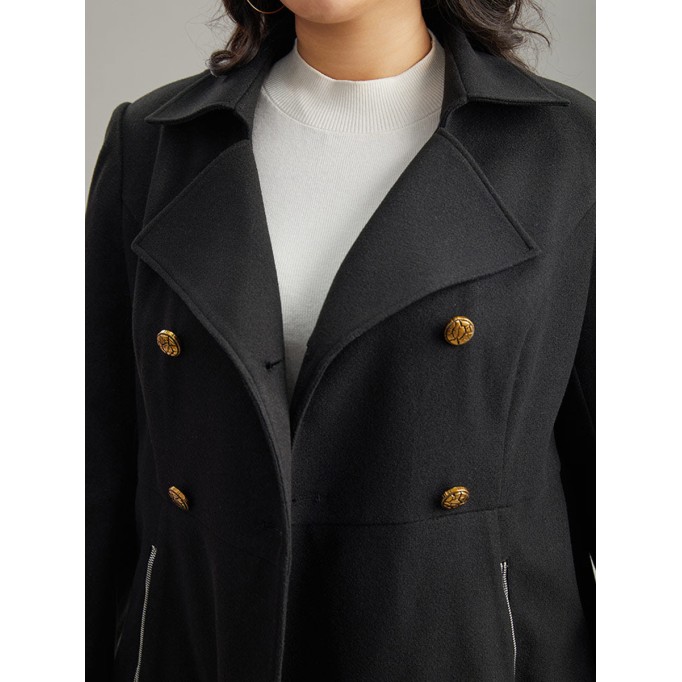 Black tweed coat with waist lapel for women