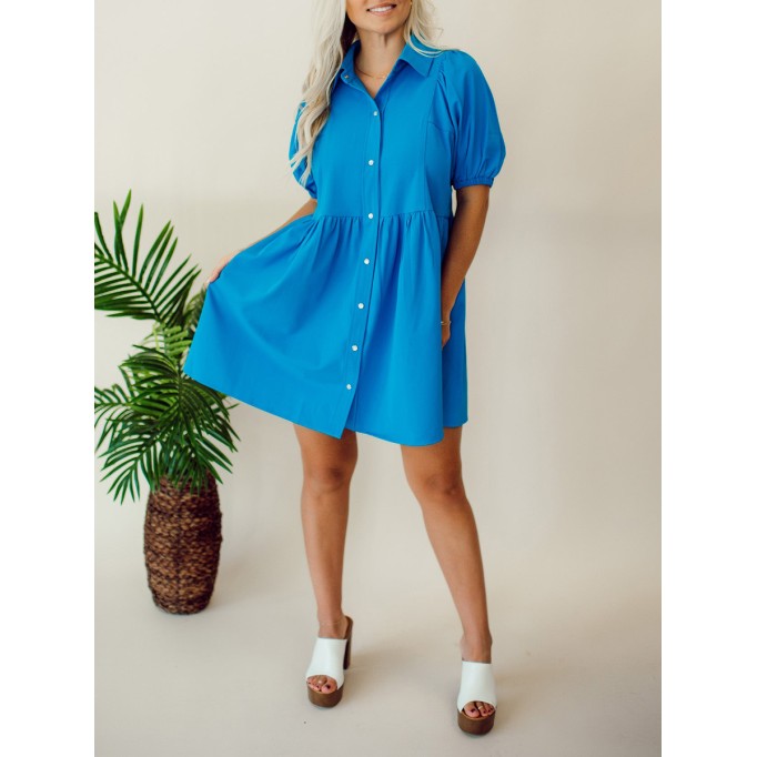 Blue Button Bubble Sleeve Shirt Dress