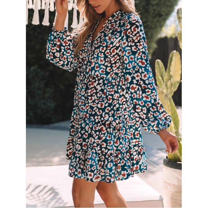 Blue Leopard Print Bubble Sleeve Ruffled Shirt Dress