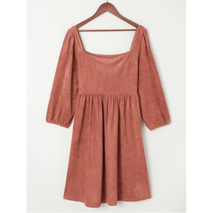 Brown Suede Square Neck Puff Sleeve Dress