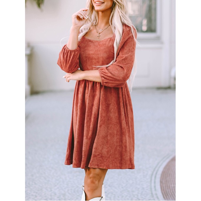 Brown Suede Square Neck Puff Sleeve Dress