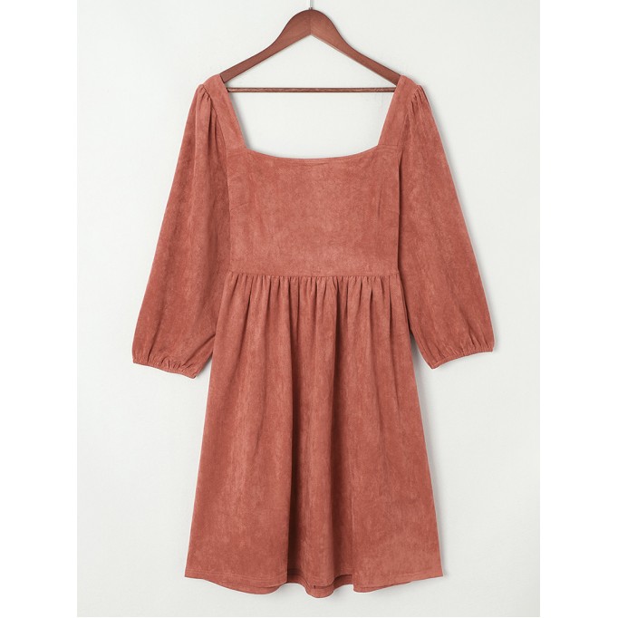 Brown Suede Square Neck Puff Sleeve Dress