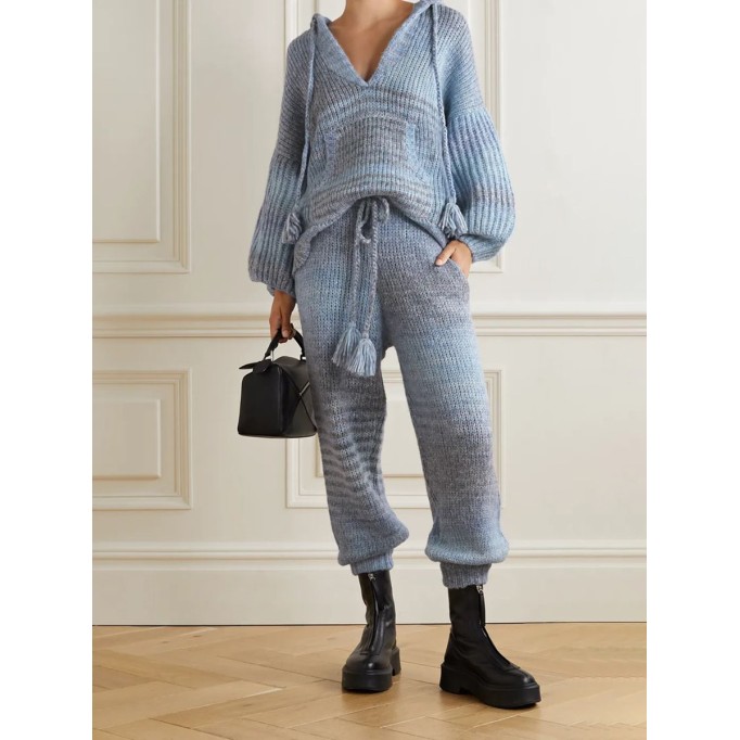 Casual contrasting color hooded knitted two-piece set