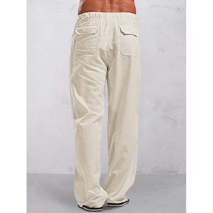 Casual solid color elastic waist cotton and linen straight pants