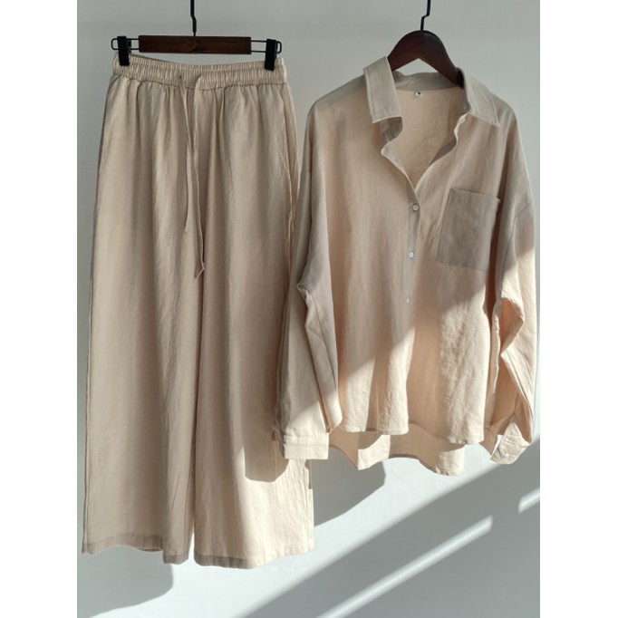 Cotton and linen shirt suit high waist loose trousers