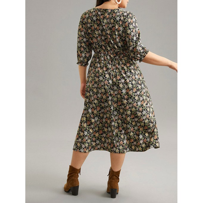 Crew-neck spliced plus-size floral dress for women