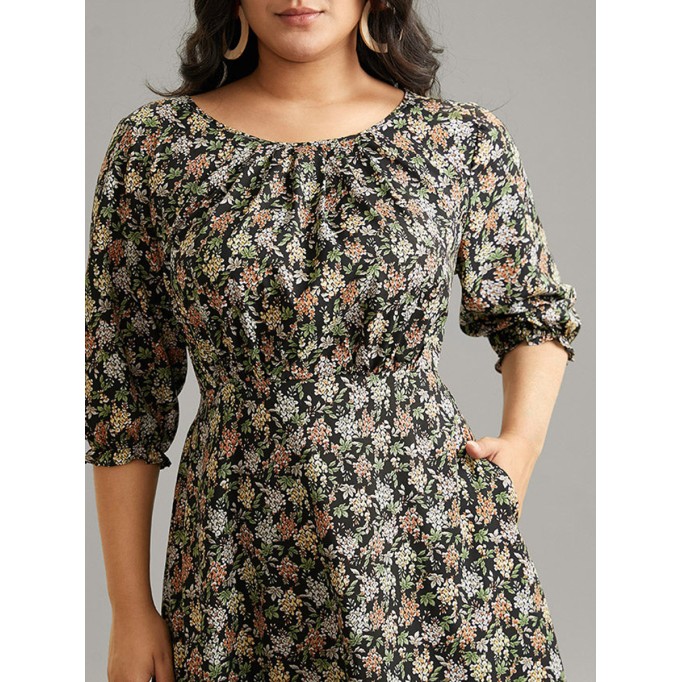 Crew-neck spliced plus-size floral dress for women