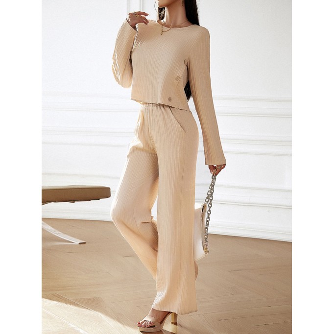 Decorative buckle pleated top wide leg pants two-piece set