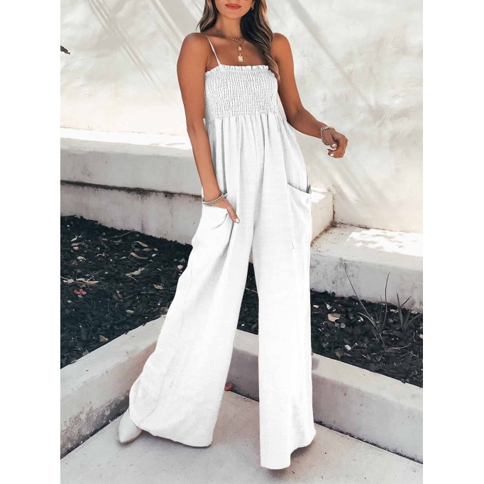 Fashion Living Solid Pocket Spaghetti Strap Loose Jumpsuits