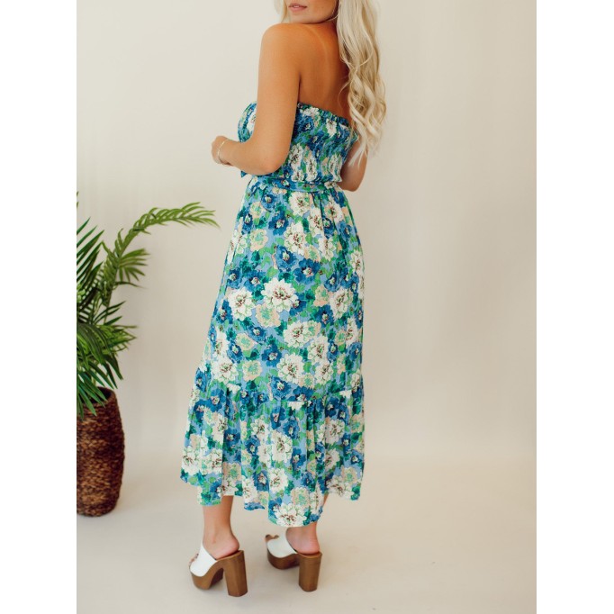 Floral patterned strapless mid length dress