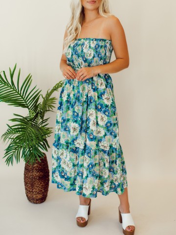 Floral patterned strapless mid length dress