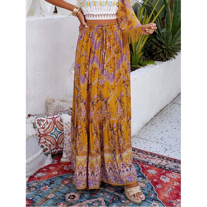 FLORAL PRINT RUFFLED DRAWSTRING BOHO MAXI SKIRT