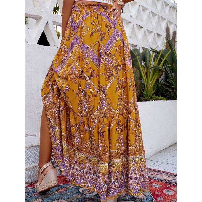 FLORAL PRINT RUFFLED DRAWSTRING BOHO MAXI SKIRT