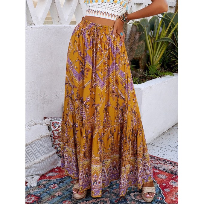 FLORAL PRINT RUFFLED DRAWSTRING BOHO MAXI SKIRT