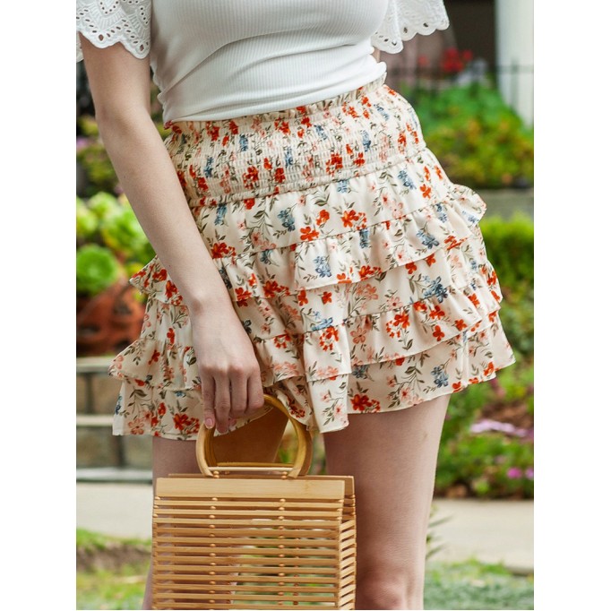 FLORAL SHIRRED RUFFLE FLARED CASUAL SKIRTS