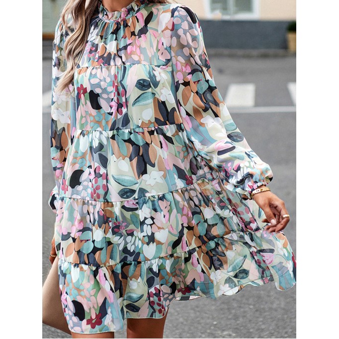 Green Frilled Neck Tiered Floral Dress