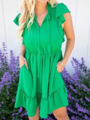 Green ruffled sleeve mini dress