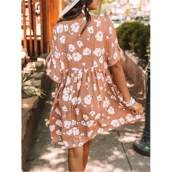 Khaki V Neck Floral Babydoll Dress with Pockets