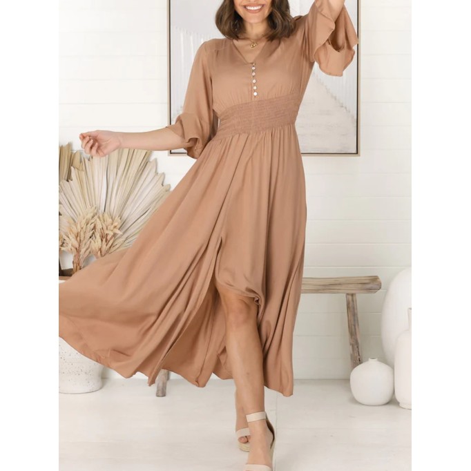 Khaki V-neck waist slimming lace-up dress