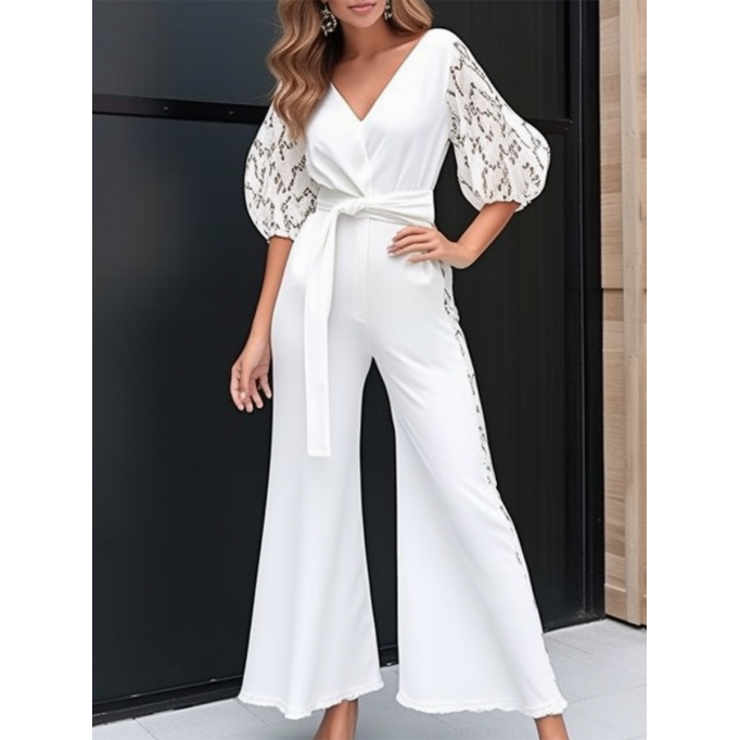 Lace Panel Bubble Sleeve Jumpsuit