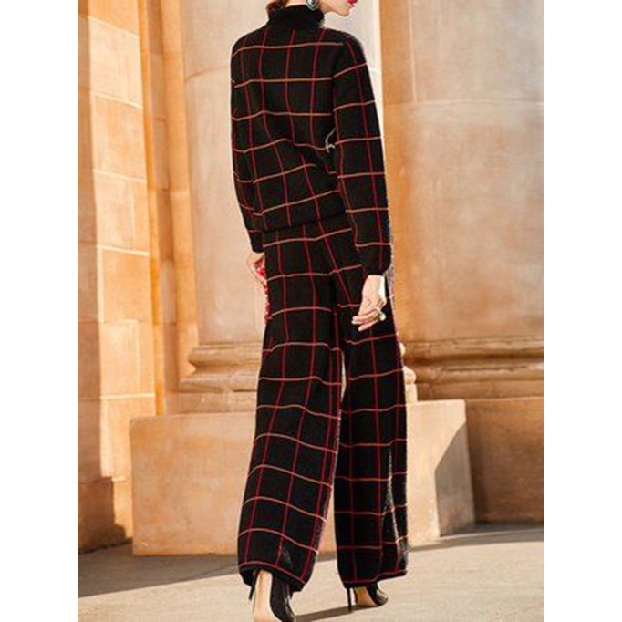 Ladies casual plaid high collar two piece set