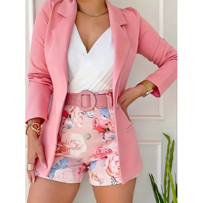 Ladies Pink elegant print professional elegant suit jacket shorts 2 piece set