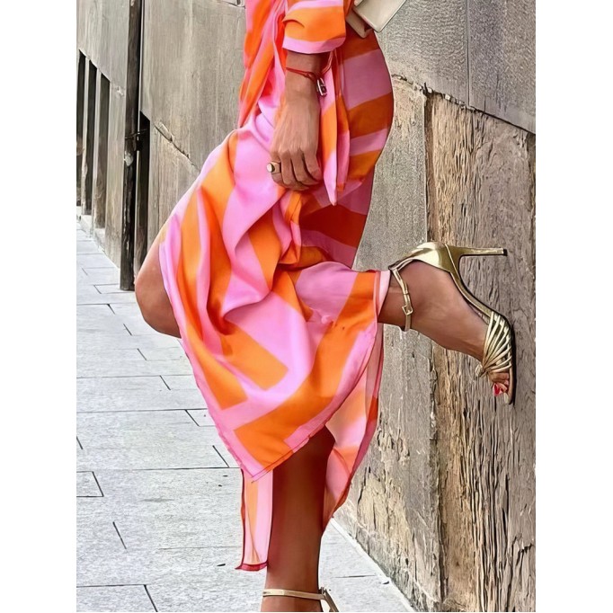 Women's Striped Print Belted Long Sleeve Dress