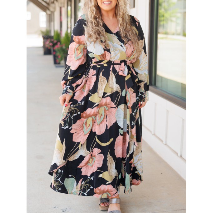 Large floral pattern printed loose fitting dress