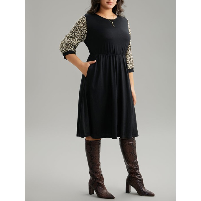 Leopard print spliced plus-size women's dress