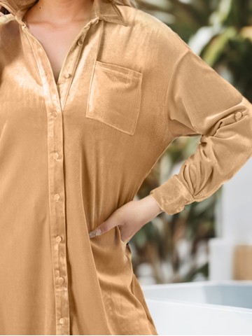 Light French Beige Velvet Button Front Shirt Mini Dress