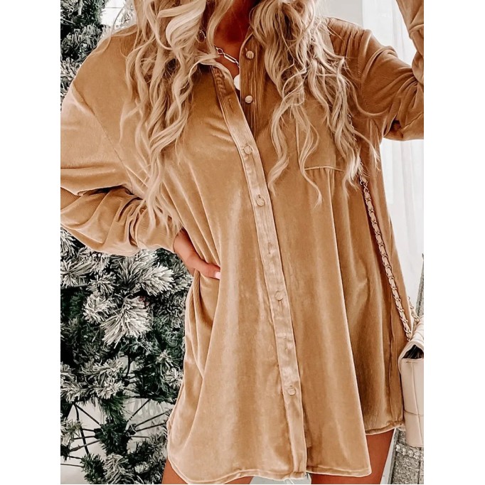 Light French Beige Velvet Button Front Shirt Mini Dress