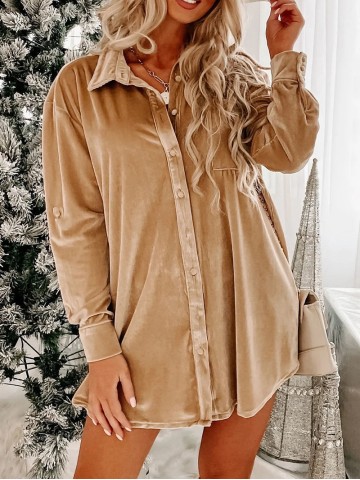 Light French Beige Velvet Button Front Shirt Mini Dress