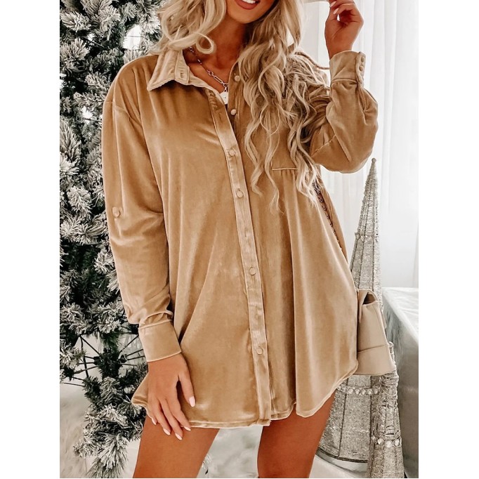 Light French Beige Velvet Button Front Shirt Mini Dress