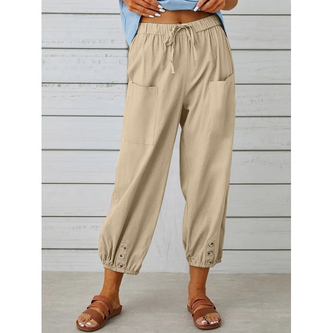 Loose-fitting high-waisted buttoned cotton and linen cropped pants