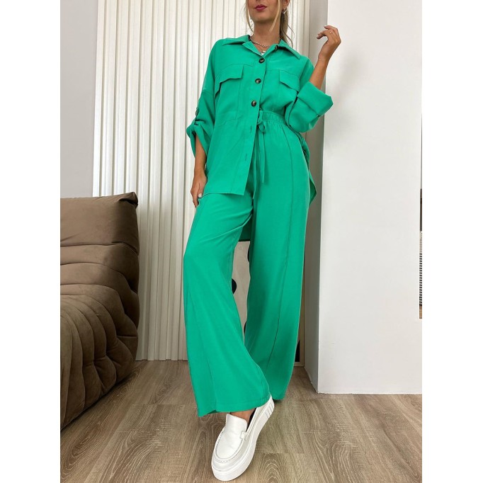 Loose fitting shirt jacket high waisted wide leg pants set