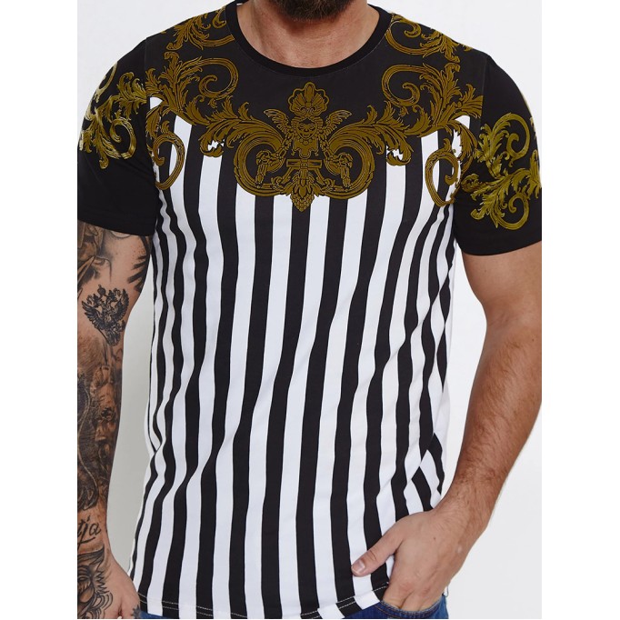 Men's casual striped patchwork pattern short sleeved T-shirt