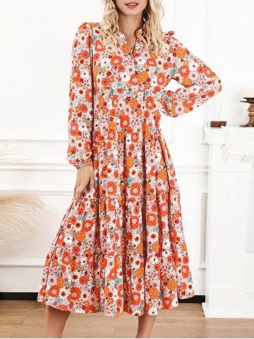 Multicolor Boho Floral Collared Long Sleeve Ruffled Dress