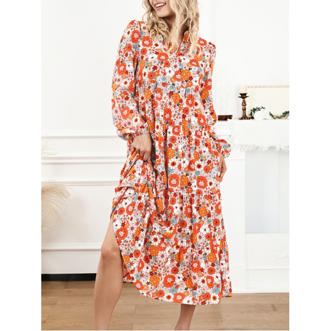 Multicolor Boho Floral Collared Long Sleeve Ruffled Dress