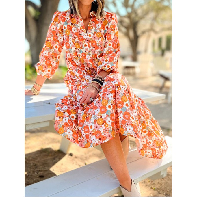 Multicolor Boho Floral Collared Long Sleeve Ruffled Dress