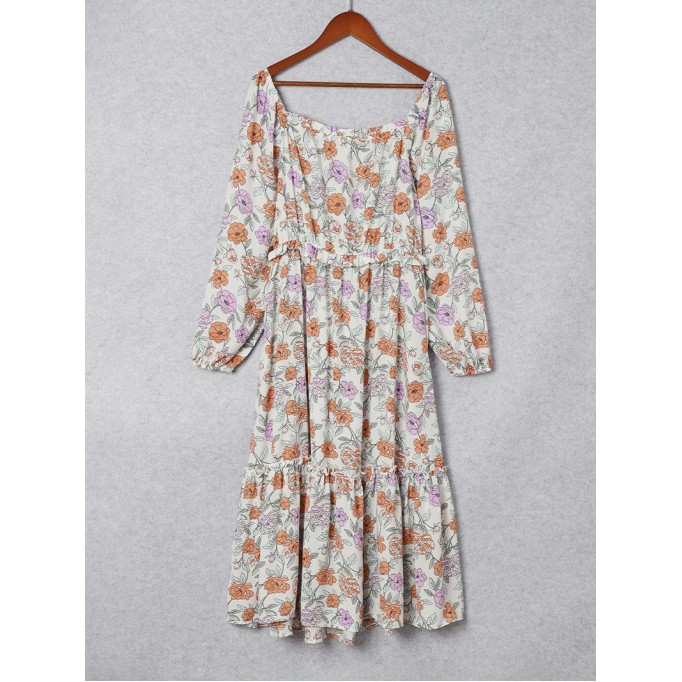 Multicolor Floral Smocked Long Sleeve Pocketed Dress