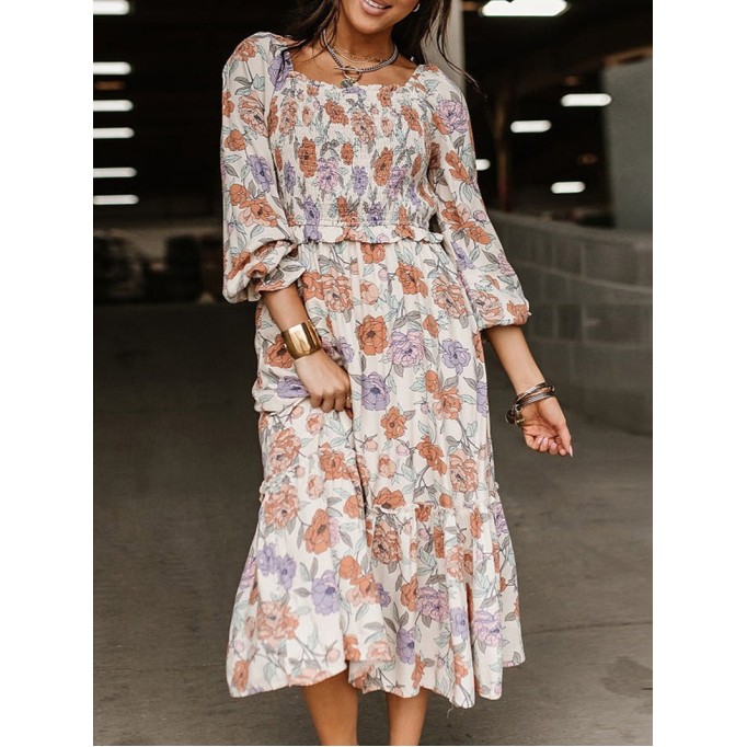 Multicolor Floral Smocked Long Sleeve Pocketed Dress