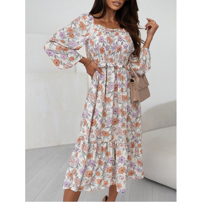 Multicolor Floral Smocked Long Sleeve Pocketed Dress