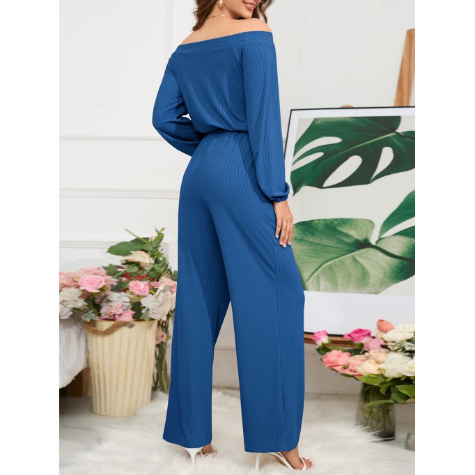 Off Shoulder Long Sleeve Lace up Wide Leg Pants Jumpsuit