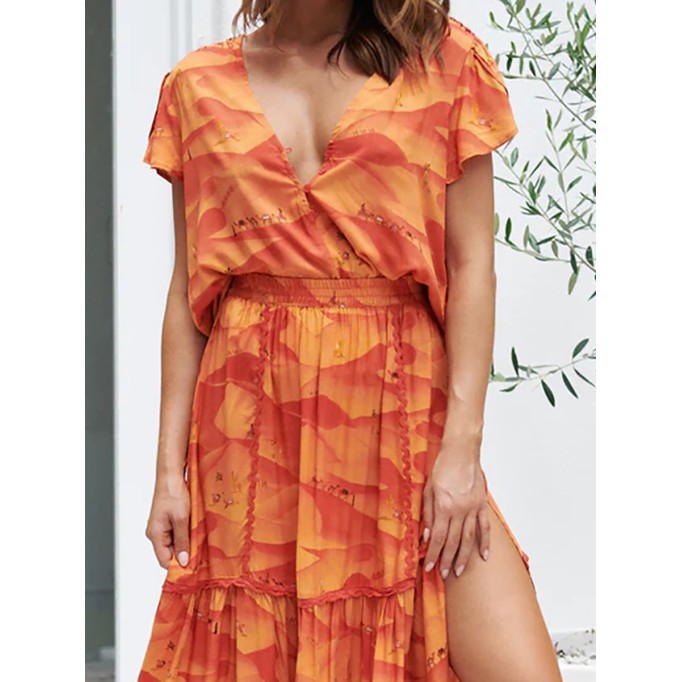 Orange V-neck cross neckline print waist dress