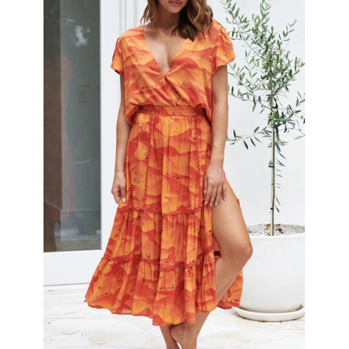 Orange V-neck cross neckline print waist dress