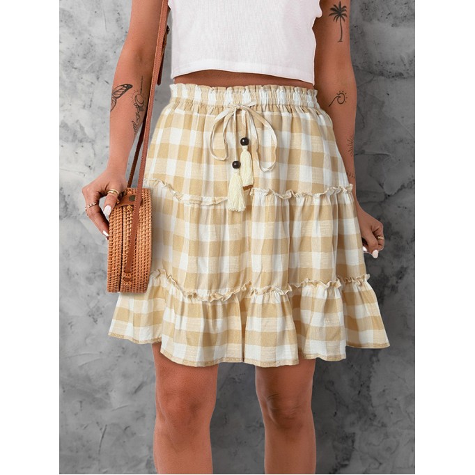 PLAID RUFFLE DECORATION SHIFT CASUAL CUTE SKIRTS