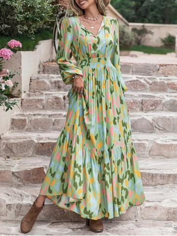 Printed Tie Neck Long Sleeve Maxi Dress