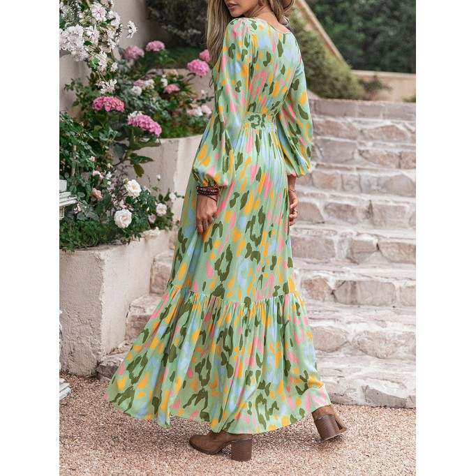 Printed Tie Neck Long Sleeve Maxi Dress