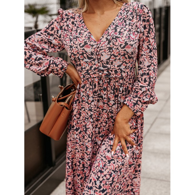 Printed V-Neck Long Sleeve Maxi Dress