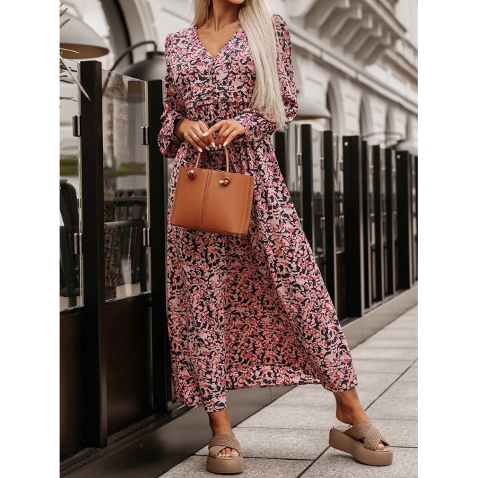 Printed V-Neck Long Sleeve Maxi Dress